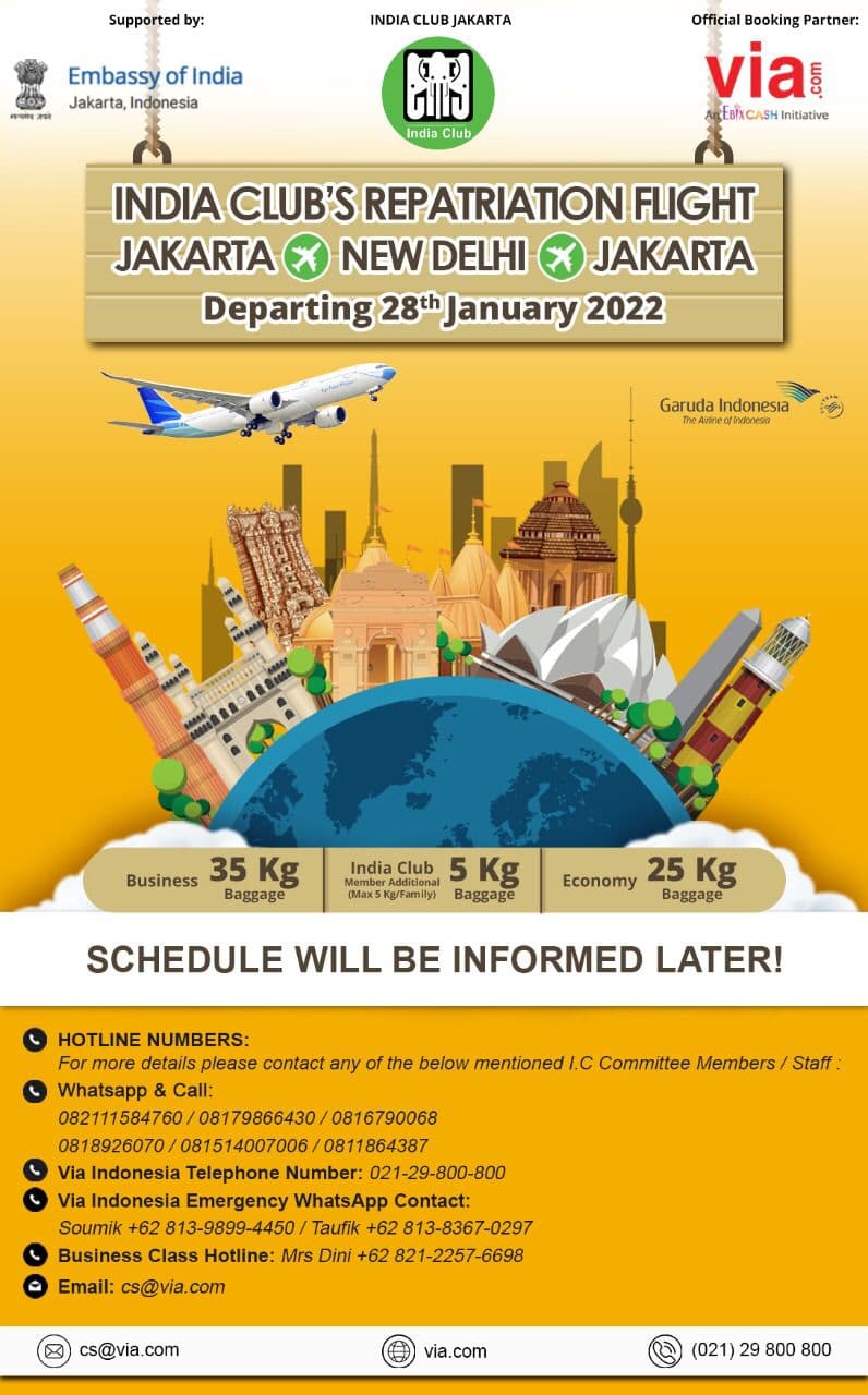 *INDIA CLUB JAKARTA’S REPATRIATION FLIGHT ON 28 JANUARY, 2022*